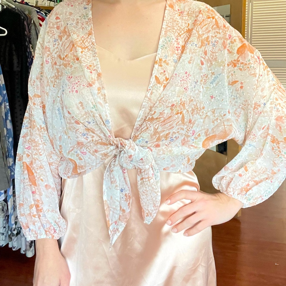 Lush Peach Blue Floral Kimono Size Small